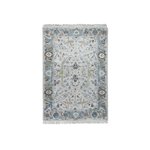 Gentle Rain Gray, Floral Motifs Oushak, Natural Dyes, Densely Woven, Pure Wool, Mat Oriental Hand Knotted Rug