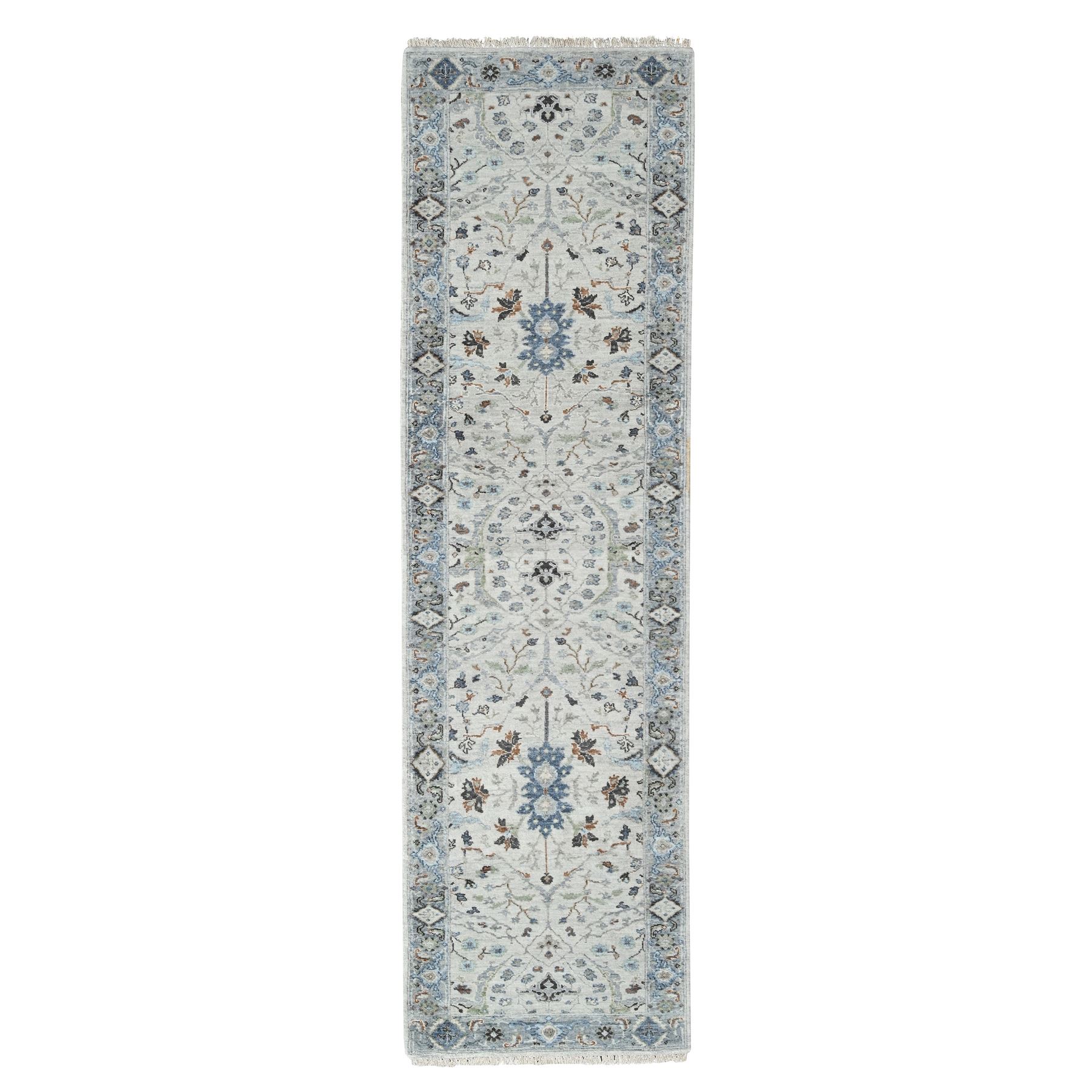 Bunny Gray, Hand Knotted Oushak With Floral Pattern, All Wool, Denser Weave, Natural Dyes, Runner Oriental 