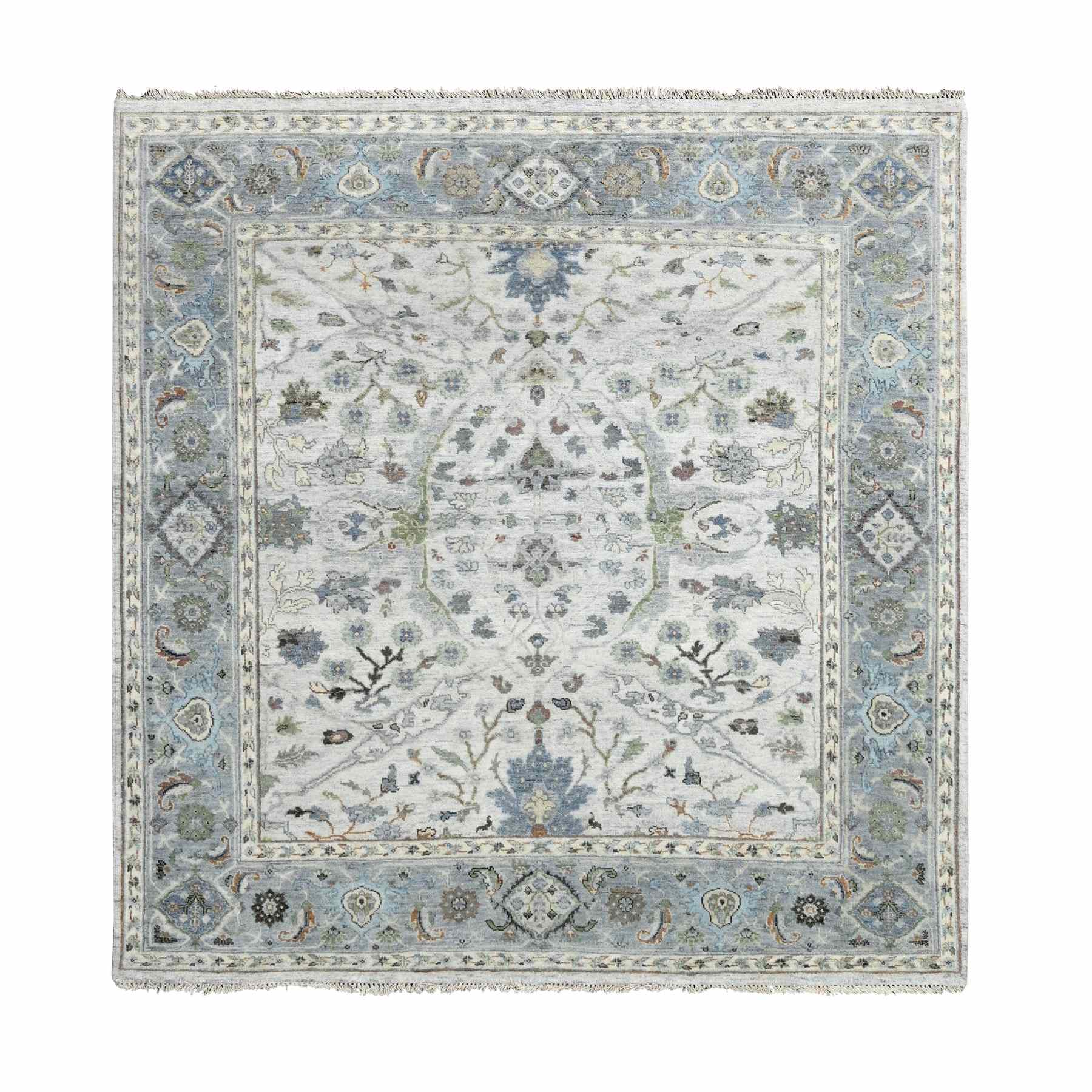 Evening Shadow Gray, Hand Knotted Soft and Vibrant Wool Oushak With Floral Design Natural Dyes, Densely Woven, Square Oriental 
