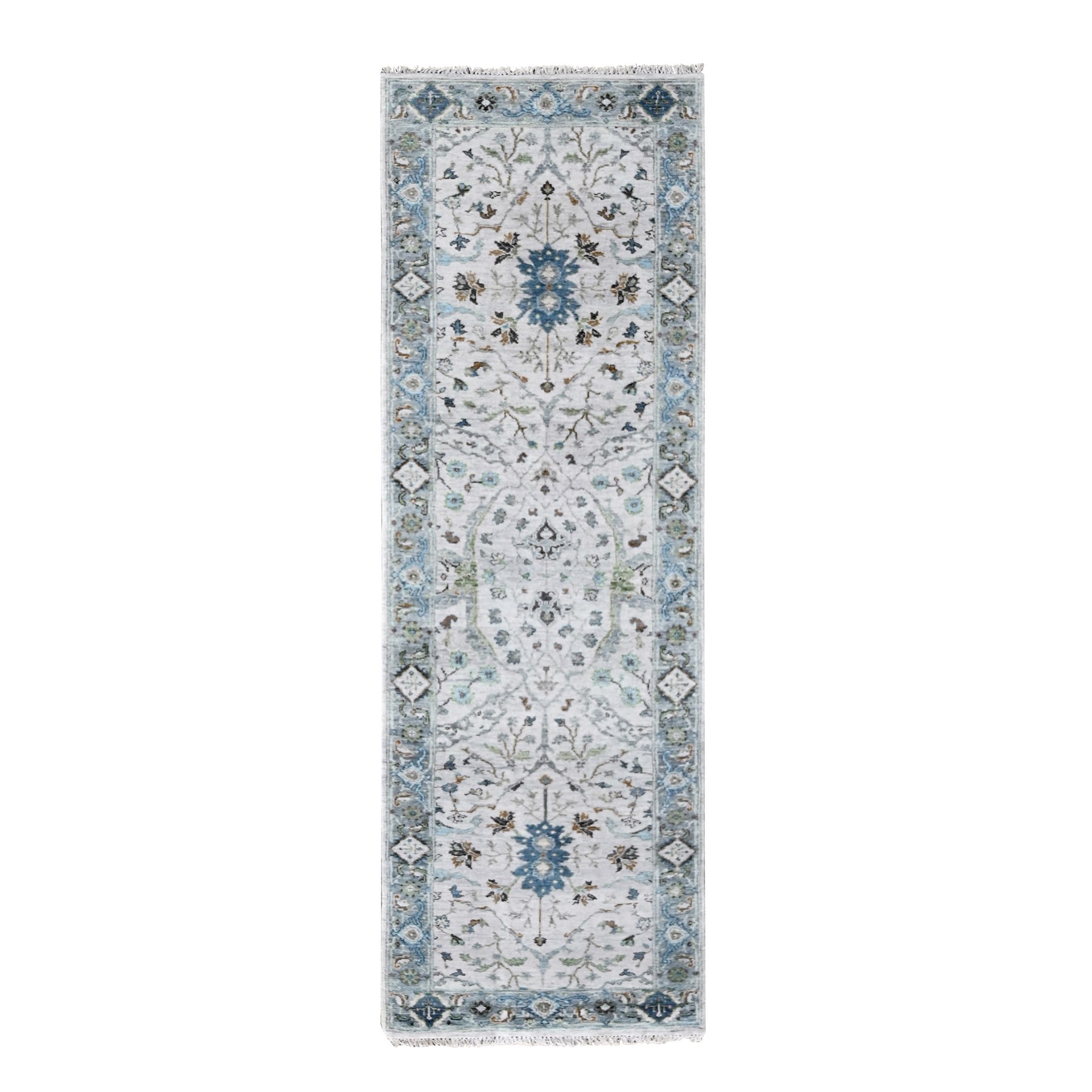 Miller Mood Gray, Velvety and Soft Wool, Densely Woven, Hand Knotted, Floral Motifs Oushak Design Oriental Runner Rug