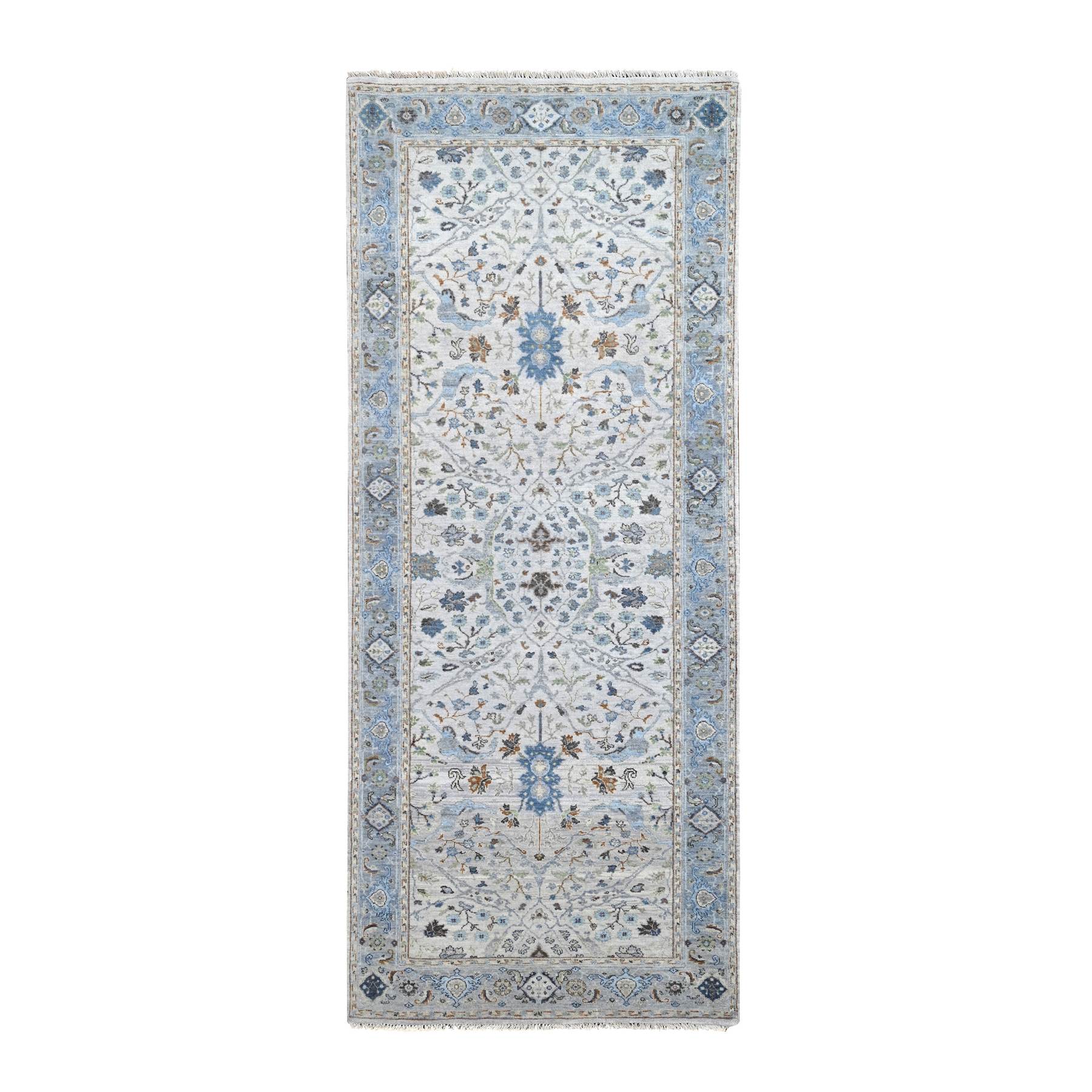 Misty Gray, Denser Weave, Oushak with Floral Motifs, Soft Wool, Hand Knotted, Vegetable Dyes, Wide Runner Oriental Rug 