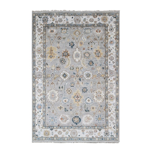 Krypton Gray and High Reflective White Border, Hand Knotted, Oushak Design, Plush and Lush Supple Collection, Soft and Vibrant Pile, Tone On Tone, Organic Wool, Oriental Rug 