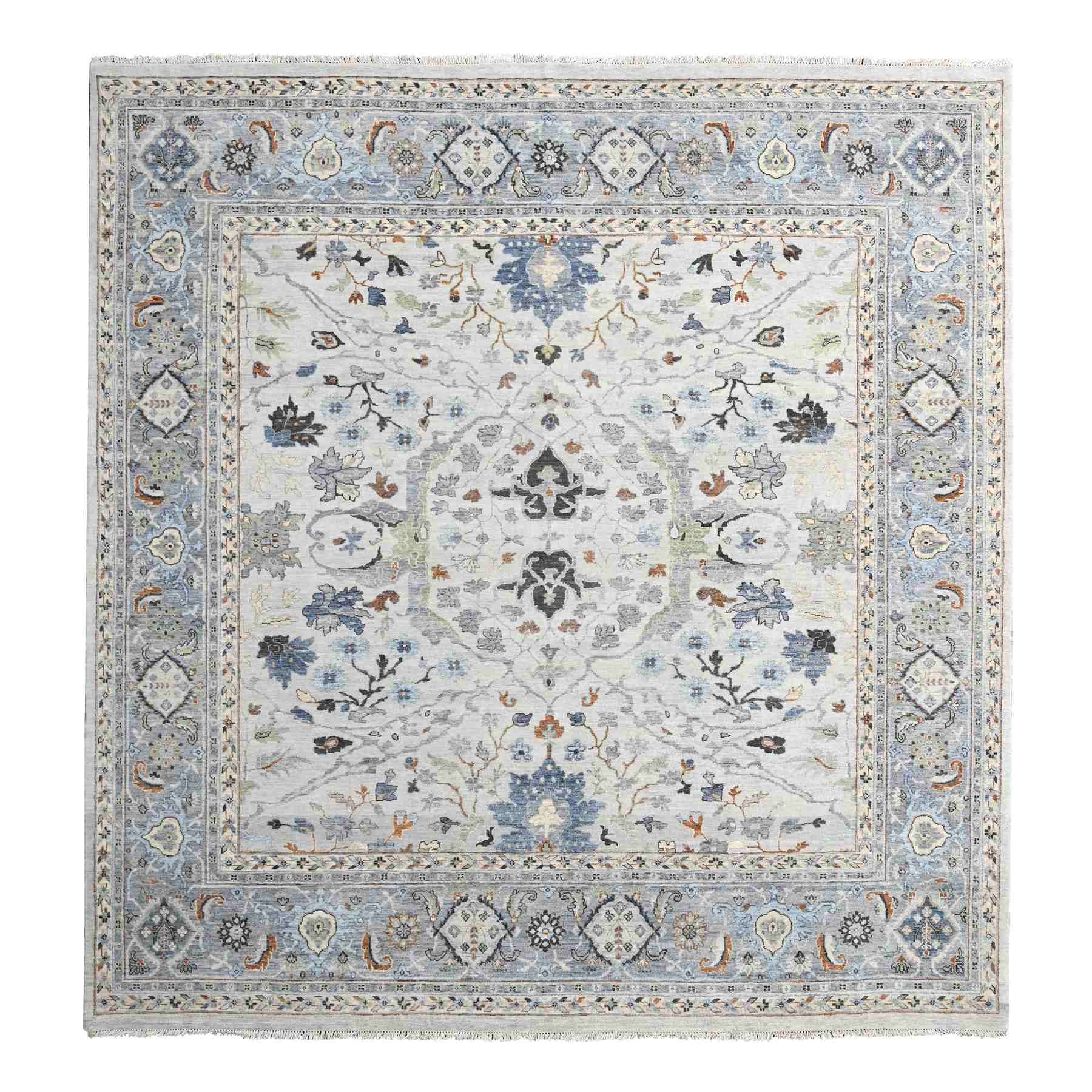 Summer and Sharkfin Gray, Denser Weave Oushak All Over Floral Design, Natural Dyes, Shiny Wool, Hand Knotted Square Oriental Rug