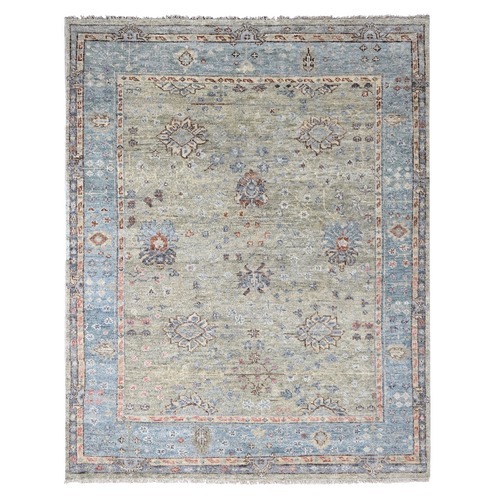 Aloe Green With Van Courtland Blue, Plush and Lush Soft Pile, Hand Knotted Tone On Tone Oushak Supple Collection Design, Sustainable, Natural Wool Oriental Rug