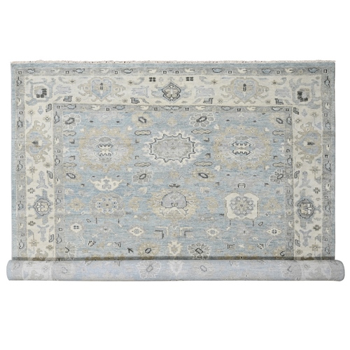 Dockside Blue and Soft Chamois White, Oushak Supple Collection Design, Hand Knotted, 100% Wool, Soft and Plush Pile, Oriental Rug 