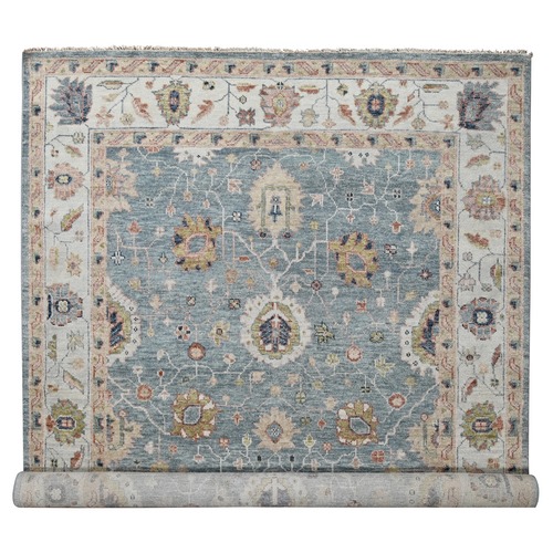 Water Lake Gray and Elmira White, Tone On Tone Oushak All Over Motifs Design, Velvety Wool, Supple Collection, Plush Pile, Hand Knotted, Sustainable, Oriental Rug