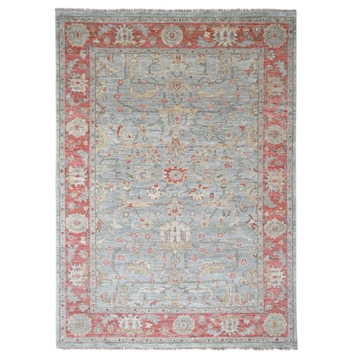 Contented Green With Portia Red Border, Hand Knotted Lush and Plush Supple Collection, All Wool Soft Pile, Tone On Tone Oushak Design, Natural Dyes Oriental Rug