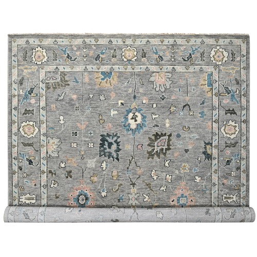Peppercorn Gray, Plush Pile Supple Collection, Oushak Design Tone On Tone Soft Wool, Pop Of Colors, Hand Knotted, Oriental Rug