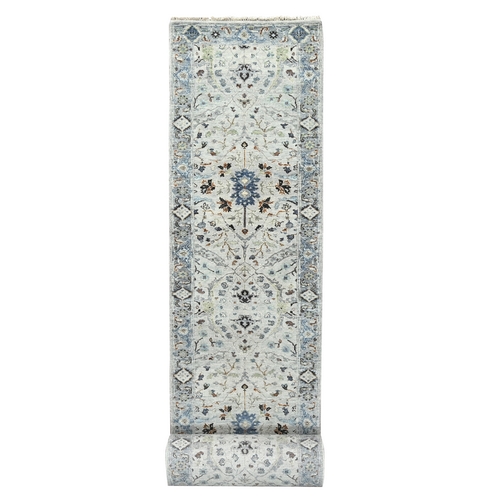 Loft Space Gray, Denser Weave 100% Wool, Hand Knotted Oushak All Over Floral Pattern, XL Runner Oriental Rug