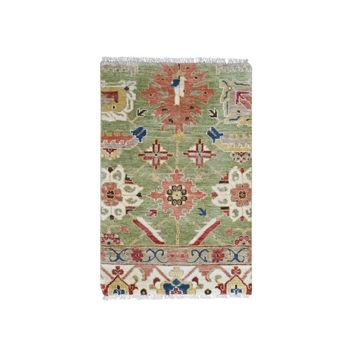 Fern Green, Soft and Vibrant Pile, Green Heriz All Over Design, Organic Wool, Hand Knotted, Mat Oriental Rug 