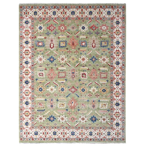 Eton Green With Decorators White, Vegetable Dyes, Plush and Lush, Green Heriz All Over Design, Pure Wool, Hand Knotted, Oriental Rug