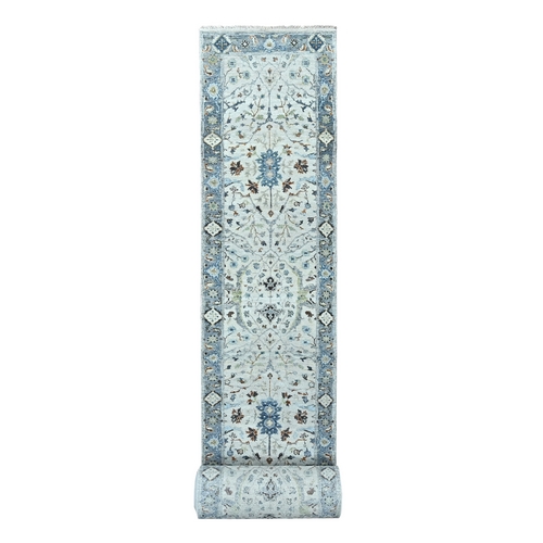 Curio With Marina Gray Border, Densely Woven 100% Wool, Natural Dyes, Hand Knotted Oushak With Floral Design, Oriental XL Runner 