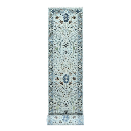 Dolphin Gray, Oushak Design Denser Weave, All Over Floral Motifs, All Wool, Vegetable Dyes, XL Runner Hand Knotted Oriental 