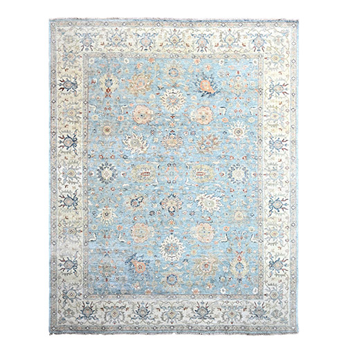 Sky Blue, Ivory Border, Distressed and Worn Down, Zero Pile, 100% Wool, Hand Knotted, Sultanabad Flower Design, Oriental Rug
