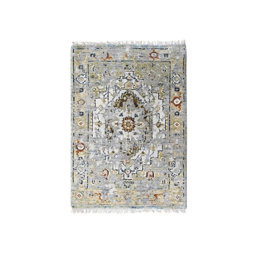 Frost White with Sea Gray, Densely Woven, Pure Wool, Hand Knotted, Broken And Erased Persian Heriz Medallion Design, Mat Oriental Rug