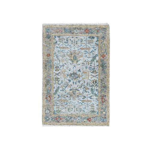 Lulworth Blue and Glacier Gray, Hand Knotted Organic Wool, Densely Woven, Broken and Erased Persian Heriz All Over Design with Soft Color Pallet, Oriental Rug