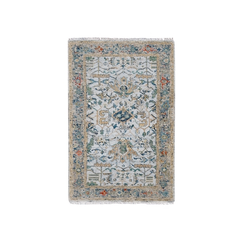 Memory Book Blue With Graytint, Broken Persian Heriz Erased With All Over Design, Organic Wool, Hand Knotted Densely Woven, Oriental Rug 