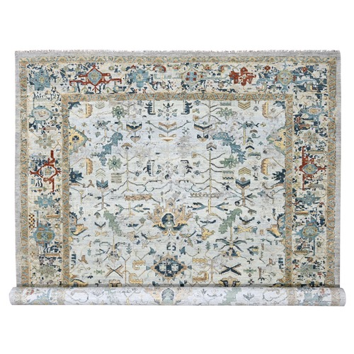 Aviary Blue, Broken and Erased Persian Heriz Design, Soft Color Pallet, 100% Wool, Densely Woven, Hand Knotted Oriental Rug