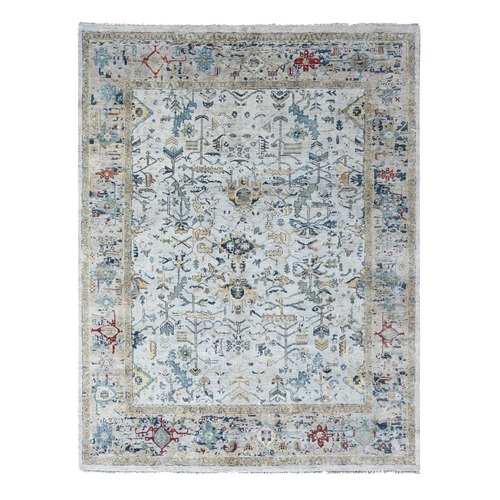 Windy Blue and Shiny Luster Gray, Densely Woven, Hand Knotted, Broken Erased Persian Heriz All Over Design 100% Wool Soft Color Pallet, Oriental Rug