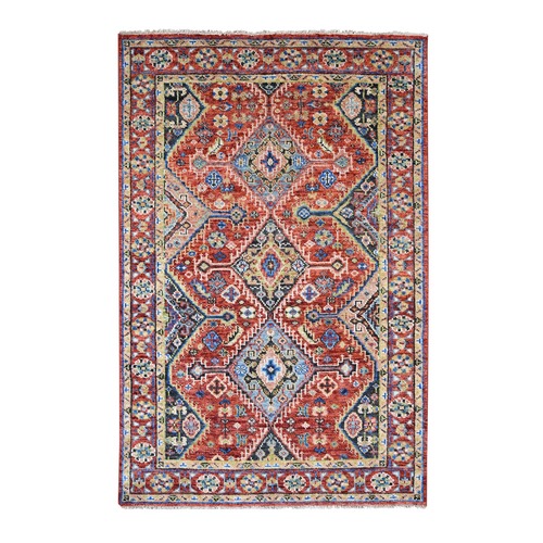 Prismatic Red, Supple Collection Hand Knotted Shiraz Design with Serrated Medallions, Organic Wool, Oriental Rug