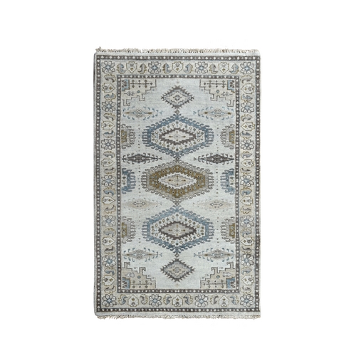 Pale Smoke Gray, Persian Village Influence with Geometrical Medallions, Denser Weave, Pure Wool, Hand Knotted, Oriental Rug 