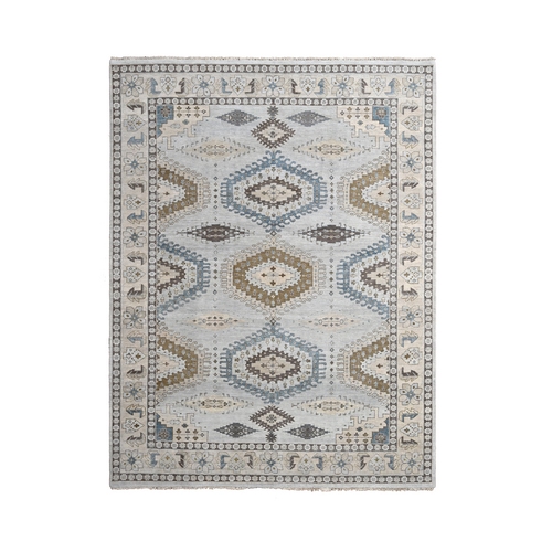 Chrome Gray, Hand Knotted, Soft and Velvety Wool, Persian Village Influence and Geometrical Medallions, Densely Woven, Oriental Rug 