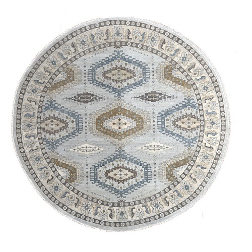 Oyster Gray, Soft Wool Hand Knotted, Persian Village Inspired with Geometric Medallions Design, Natural Dyes Densely Woven, Round Oriental Rug