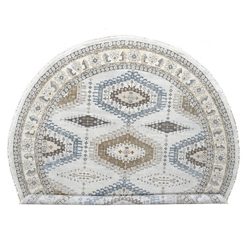 Cloud Gray, Densely Woven, Hand Knotted Persian Village Influence with Geometrical Medallions, Vegetable Dyes Extra Soft Wool, Round Oriental Rug