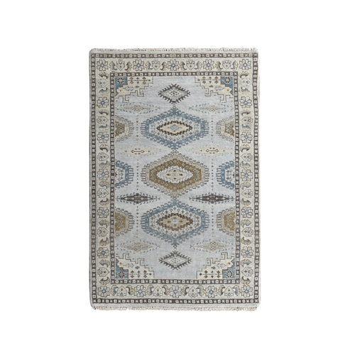Medium Gray, Pure Wool Persian Village Influence , Dense Weave, Hand Knotted Geometrical Medallions Design, Oriental Rug