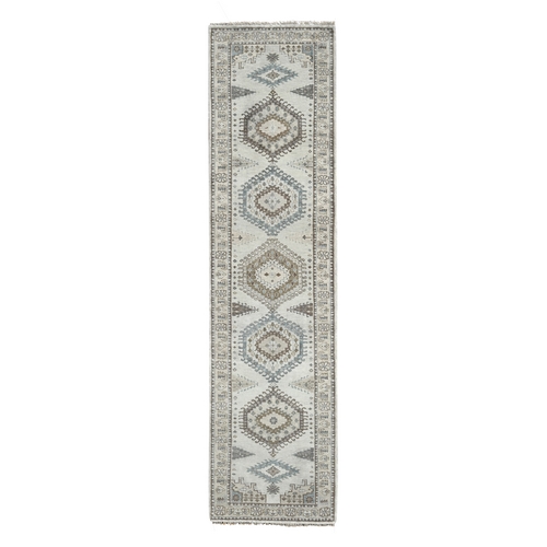 Window Gray, Soft and Shiny Wool, Hand Knotted, Persian Village Influence with Geometrical Medallions, Denser Weave, Runner Oriental Rug 