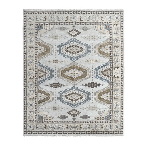 Misty Gray, Persian Village Influence and Geometric Motifs, Pure Wool, Hand Knotted Densely Woven, Oriental Rug