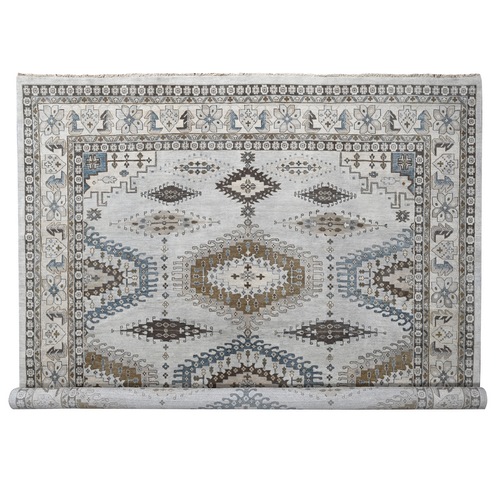 Matte Silver Gray, Hand Knotted, Soft Wool, Natural Dyes, Persian Village with Geometric Motifs, Square Oriental Rug