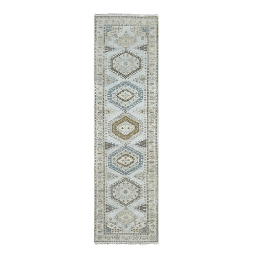 Rhinestone Gray With Sand White, Geometric Motifss Persian Village, Hand Knotted, Densely Woven Organic Wool, Runner Oriental Rug