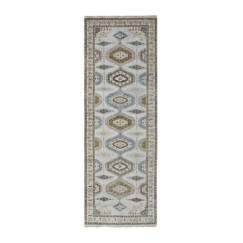 Intellectual Gray, Geometric Patterns Persian Village Influence Design, Densely Woven, Hand Knotted, Vegetable Dyes Extra Soft Wool, Runner Oriental Rug