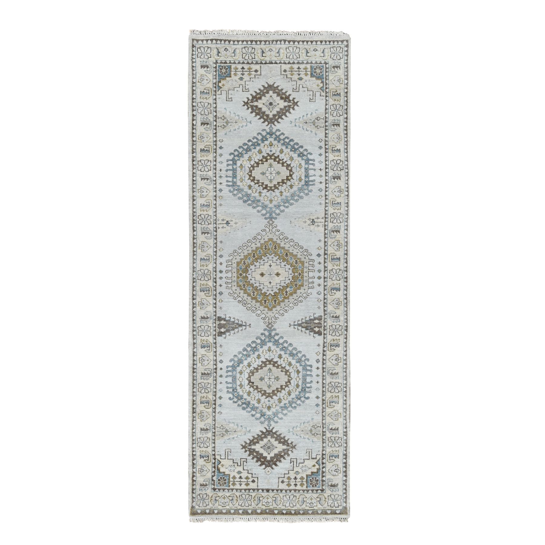 Argos Gray with Dover White, Hand Knotted Persian Village Influence Densely Woven Medallion Design, Vegetable Dyes, Organic Wool Runner Oriental Rug