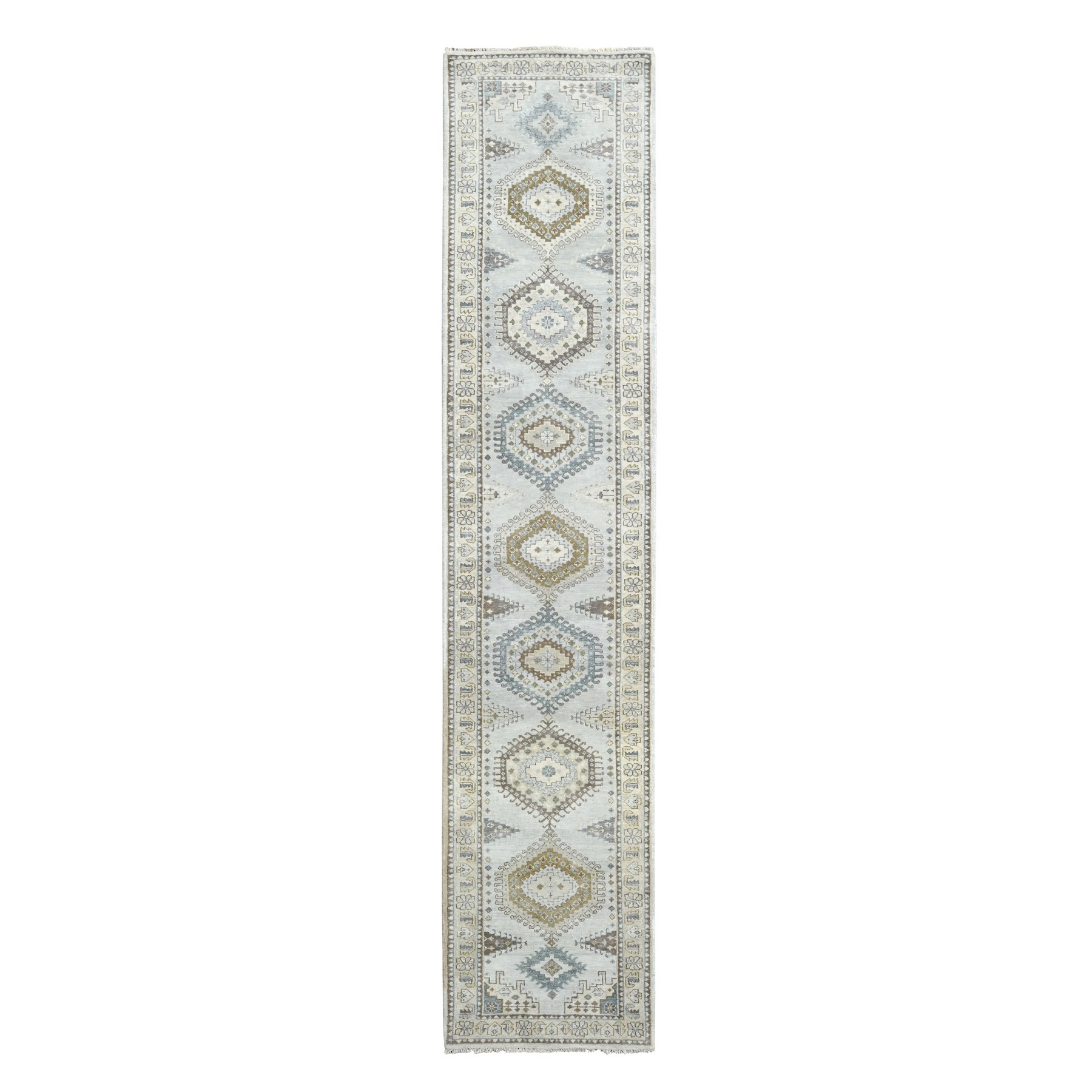 Habor Haze Gray With Ivory Border, Extra Soft Wool, Natural Dyes, Denser Weave, Hand Knotted Persian Village Inspired Geometric Medallions Design, Soft Pile, Oriental Runner Rug 