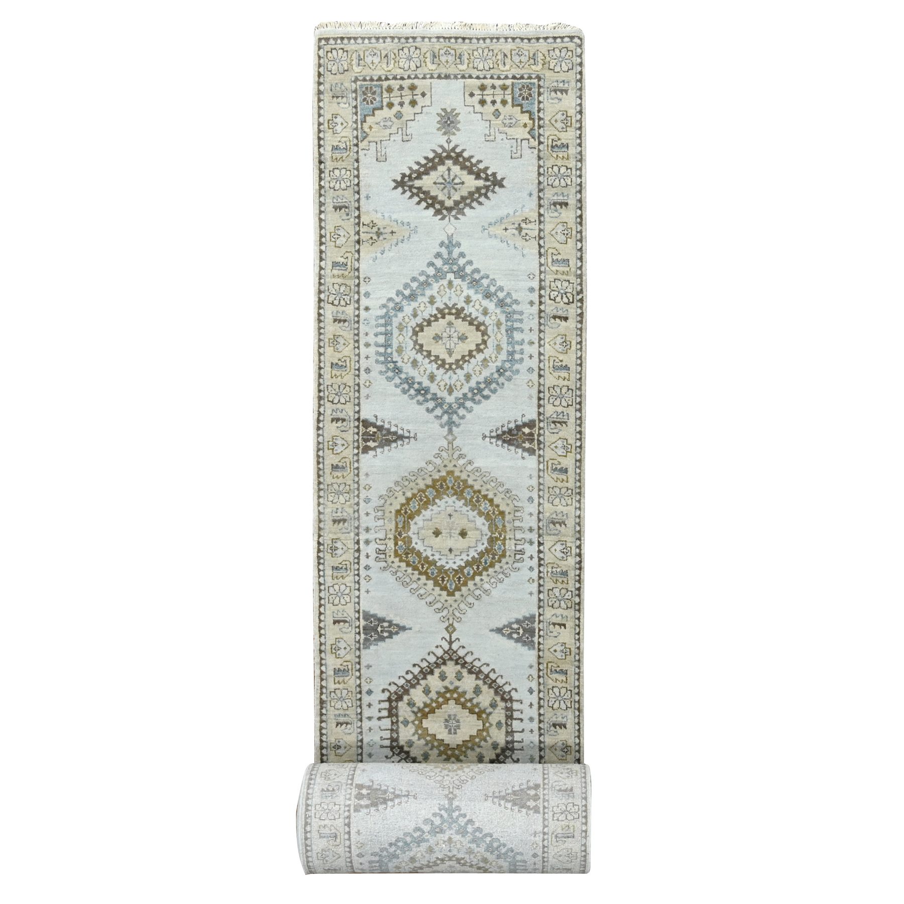 Skylight Gray, Pure Wool Persian Village Influence Design, Hand Knotted Large Geometrical Motifs, Denser Weave, Oriental XL Runner Rug