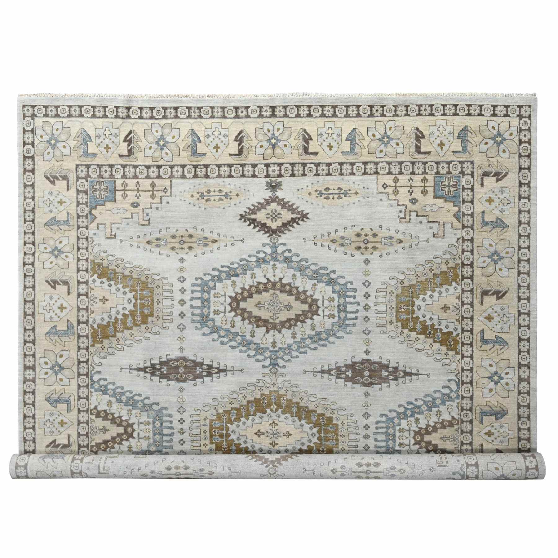 Krypton Gray, Vegetable Dyes Persian Village Influence Design With Tribal Geometric Motifs, Denser Weave, Hand Knotted, Velvety and Soft Wool, Square Oriental Rug
