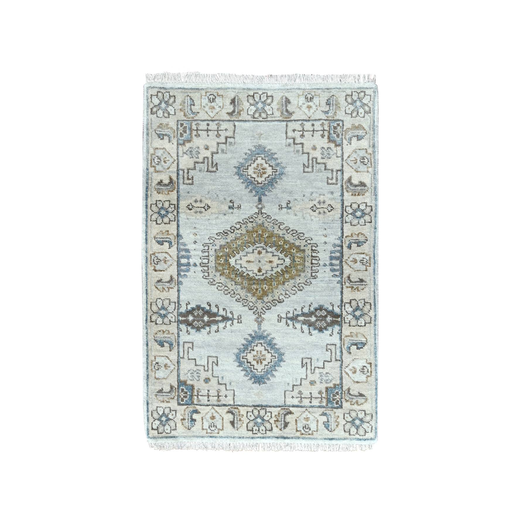 Stardew Gray And Shoji White Border, Vegetable Dyes, Hand Knotted Densely Woven Persian Village Influence Geometric Elements Design, Pure Wool, Mat Oriental Rug