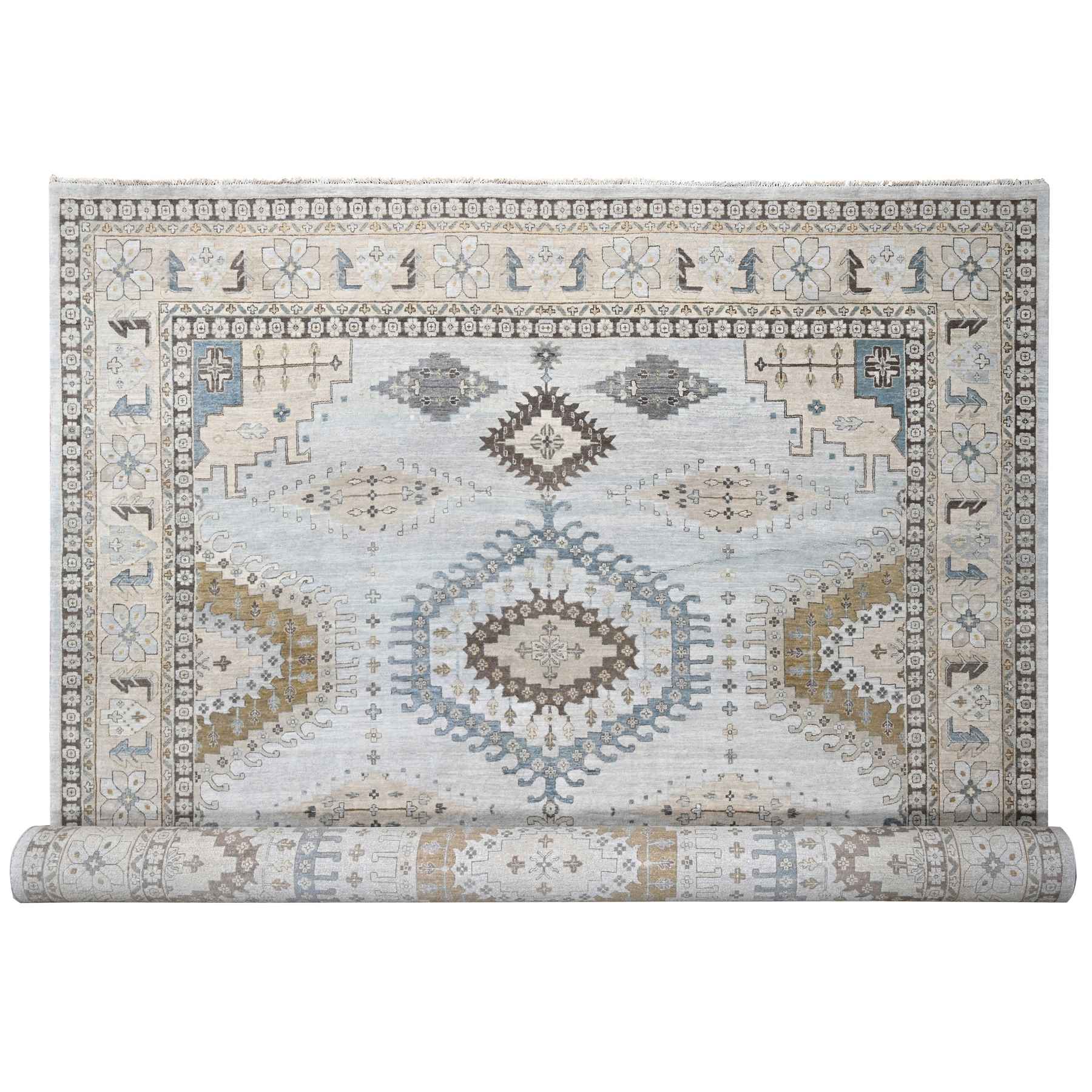 Solitude Gray, Hand Knotted, Persian Village Influence Design and Geometric Motifs Design, Shiny and Soft Wool, Natural Dyes, Densely Woven Oriental Oversized Rug