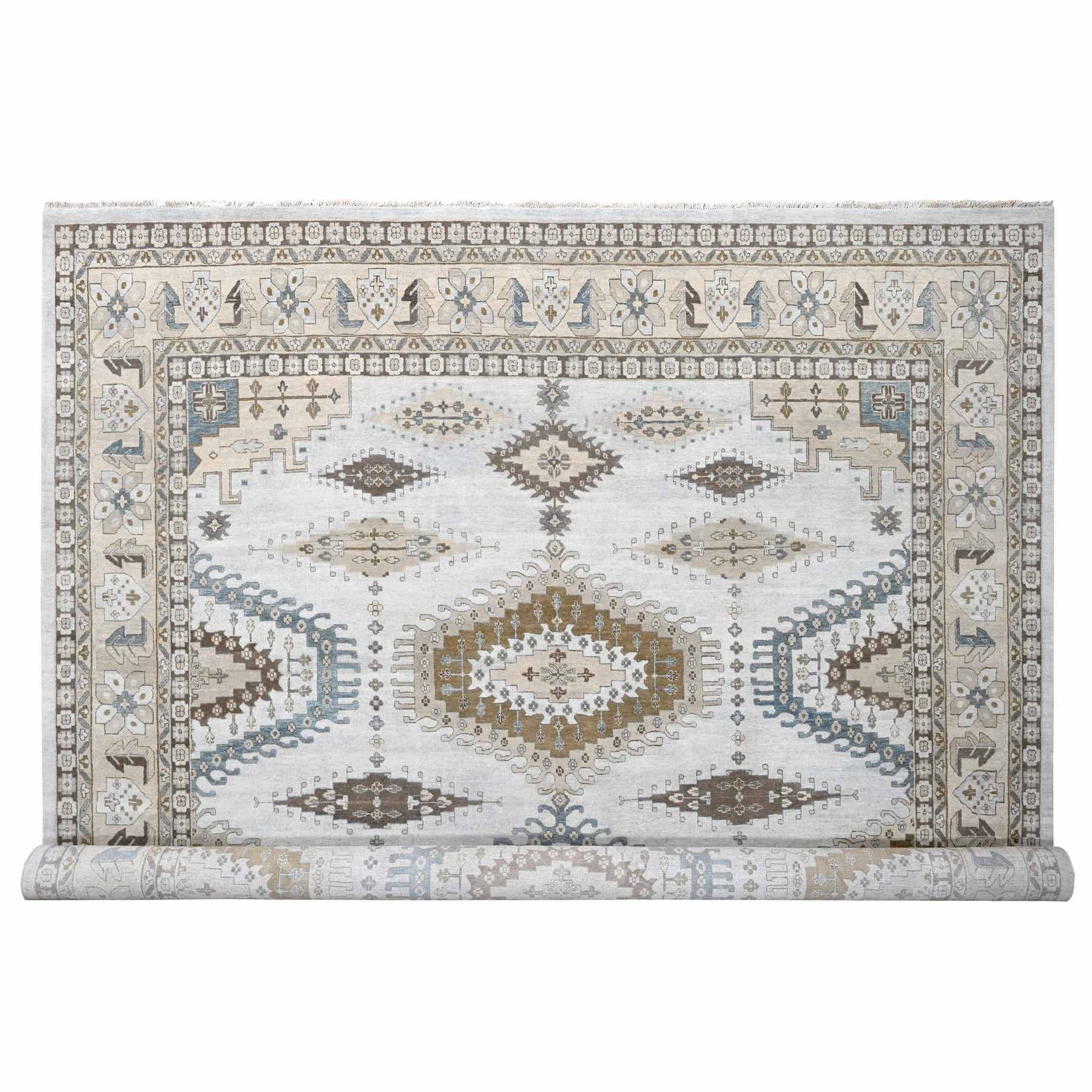 BoothBay Gray and Oyster White, Natural Dyes, Densely Woven, Organic Wool, Hand Knotted Persian Village Inspired Geometric Medallions, Square Oriental Rug