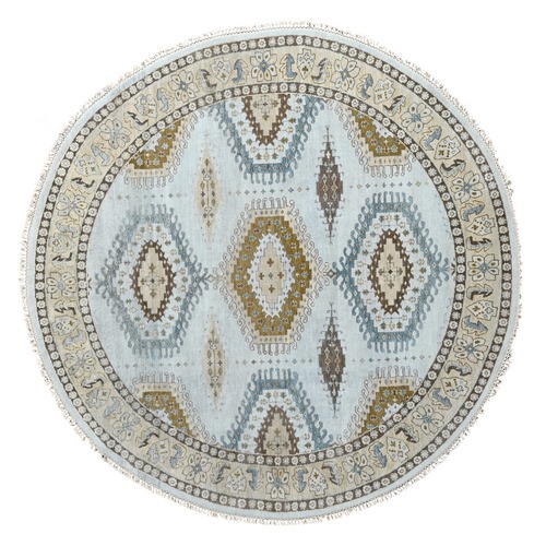 Gossamer Veil Gray, Shiny Wool Densely Woven, Persian Village Influence Large Medallion Design, Natural Dyes, Hand Knotted Oriental Round Rug