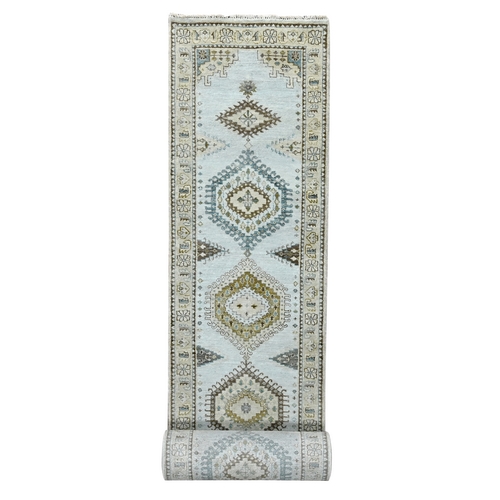 Rainwashed Gray With Alabaster White Border, Hand Knotted Pure Wool, Persian Village Influence With All Over Large Medallions, Natural Dyes, XL Runner Oriental Densely Woven Rug