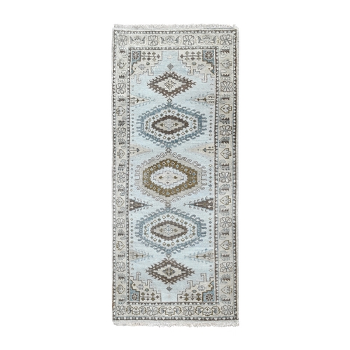Smoke Gray With Oatmeal White, All Over Diamond Shaped Geometric Pattern, Natural Dyes Persian Village Inspired, All Wool, Densely Woven Hand Knotted Runner Oriental Rug