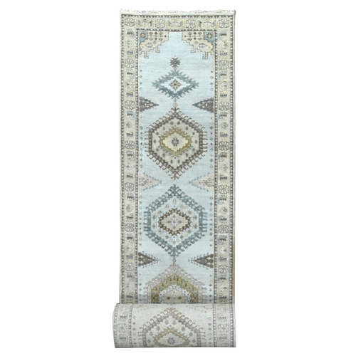 Earl Gray and Navajo White, Natural Dyes, Densely Woven, Soft and Shiny Wool, Hand Knotted Persian Village Inspired Geometric Medallions, XL Runner Oriental Rug