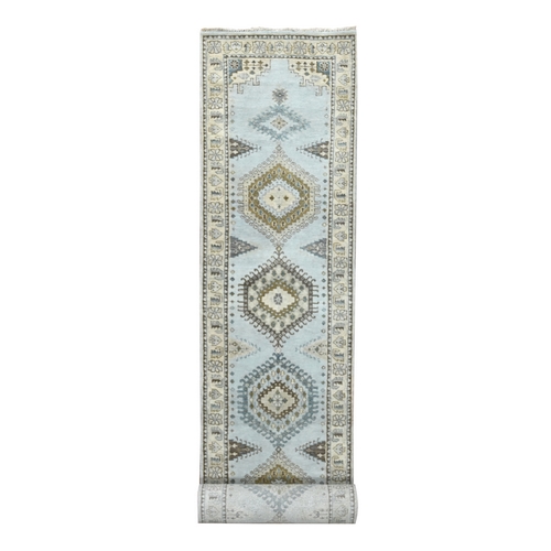 Perspective Gray With Intense White Border, Denser Weave, Velvety Wool Persian Village Influenced Hand Knotted Large Geometrical Motifs Design, Oriental XL Runner Rug