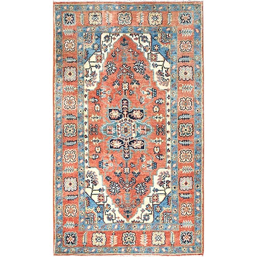 Terracotta Red, Afghan Peshawar with Large Medallion Heriz Design, Natural Dyes, Organic Wool, Hand Knotted, Oriental Rug