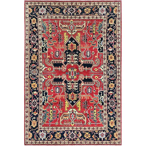 Imperial Red, Afghan Peshawar with Large Medallion Heriz Design, Natural Dyes, Densely Woven, Soft Wool, Hand Knotted, Oriental 