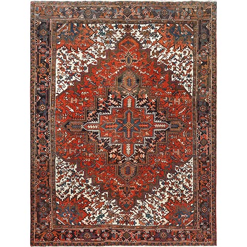 Tomato Red, Worn Wool, Hand Knotted, Vintage Persian Heriz, Sides and Ends Professionally Secured, cleaned, Oriental 