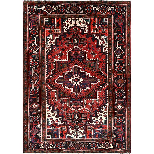 Tomato Red, Hand Knotted, Worn Wool, Vintage Persian Heriz, Good Condition, Sides and Ends Professionally Secured, Cleaned, Oriental 